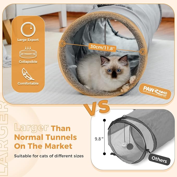 PAWZ Road Cat Tunnel 51 Inches Long Cat Toys Collapsible Tunnel 12”Diameter | Large Cats Tube for Big Cats,Rabbits and Puppy Extra Long Cat Play Tunnel Straight with 2 Peepholes for Indoor&Adult Cats - Image 4