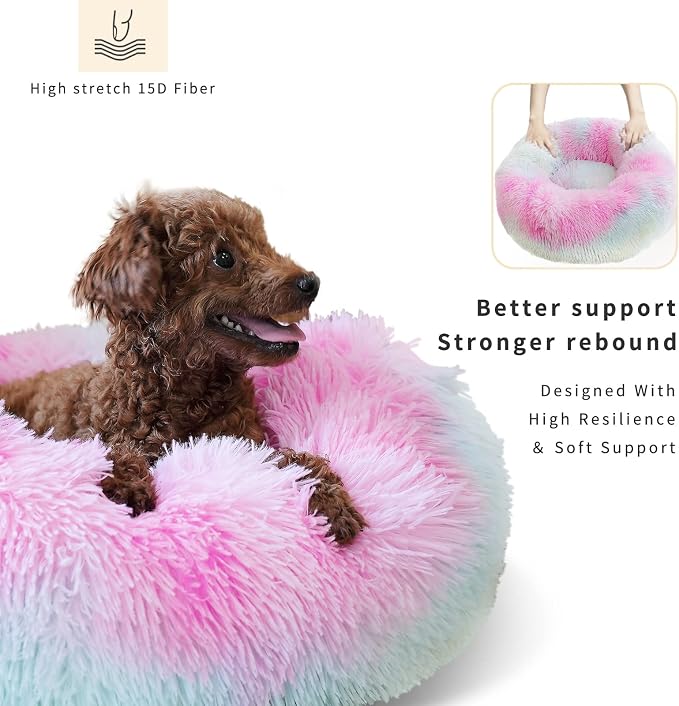 nononfish Calming Donut Beds for Small Dog Washable, 19 Inch Fluffy Round for Puppies, Cats & Toy Breeds with Raised Rim, Fits up to 15 lbs Pets, Multi Colored - Image 2