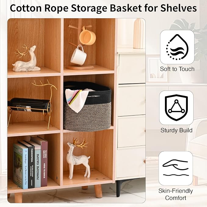 ICERZCZ Woven Cotton Rope Storage Basket for Organizing, Cute Decorative Baskets for Gifts Empty, Organizer Bins for Dog Toy, Baby Laundry, 15“×11”×9.5“, Jute & Black - Image 5