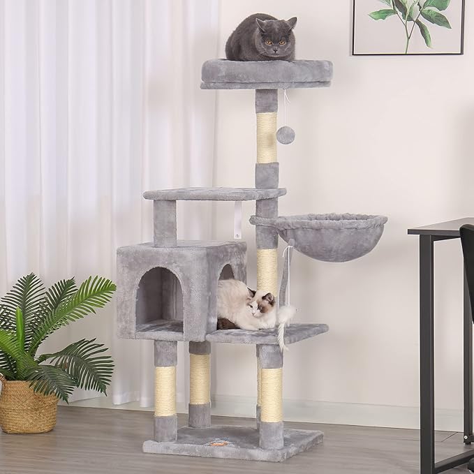 Heybly Cat Tree with Toy, 43.3 inch Cat Tower for Indoor Cats HCT004W | Cat Condo with Durable Sisal Scratching Posts, Cat House with Padded Plush Perch, Cozy Hammock, Light Gray - Image 2