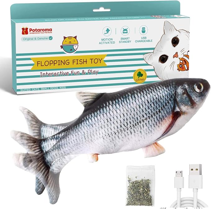 Potaroma Cat Toys Flopping Fish with Catnip, Moving Kitten Kicker, Floppy Wiggle Carp for Small Dogs, Interactive Motion Kitty Exercise, 10.5 Inches by Potaroma
