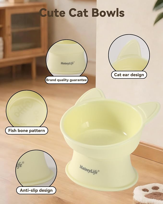 MateeyLife Raised Cat Bowls, Cat Food Bowl Elevated for Kittens & Small Dogs, 15°Tilted Protect Pets' Neck and Anti Vomiting, Whisker Friendly Food & Water Feeding Bowl, 6 oz Each - Yellow - Image 5
