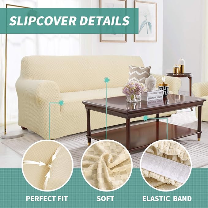 YEMYHOM Couch Cover Latest Jacquard Design High Stretch Sofa Covers for 2 Cushion Couch, Pet Dog Cat Proof Loveseat Slipcover Non Slip Magic Elastic Furniture Protector (Medium, Beige) - Image 3