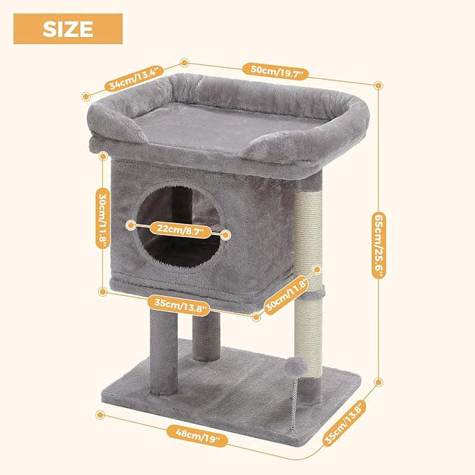 PAWZ Road 26" Cat Tree for Indoor Cats, Small Tower with 19X13”Bed | Cozy Cat Condo with Tall Sisal Posts & Spring Ball, Raised Edge Bed Keeps Cats Secure Compact for Corners or by Window - Image 6