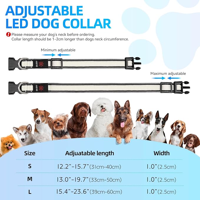 Flashseen Multicolor LED Light Up Dog Collar, RGB 9-Mode, USB Rechargable | Super Bright Lighted Dog Collar, Adjustable Soft Mesh, Glow Collar for Dog Night Walking (White, S) - Image 7