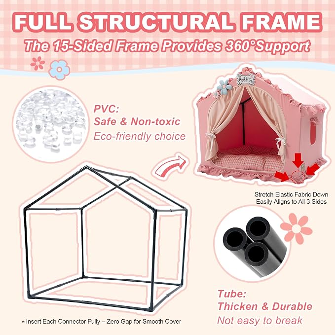 Indoor Dog House with Frame,Cute Dog Tent Bed with Cover Cave,Pink | Breathable,Washable,and Foldable House, Suitable for 22-40 Lb, Large (25"×25"×25"),Inside Dog House - Image 2