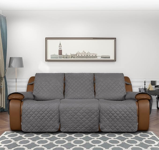 Easy-Going Recliner Sofa Cover, Reversible Couch Cover for 3 Seat Recliner, Split Sofa Cover for Each Seat, Furniture Protector with Elastic Straps for Dogs, Pets(3 Seater, Gray/Light Gray) | Washable Sofa Slipcover For Dogs, Sofa Cover For Recliner, F... - Image 2