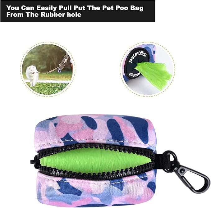 Petmolico Dog Poop Bag Holder Dispenser 2 Pack, Blue Pink Camouflage | Zippered pouch fits any leash, includes free roll of bags, lightweight & portable for daily walks, travel & outdoor use - Image 2