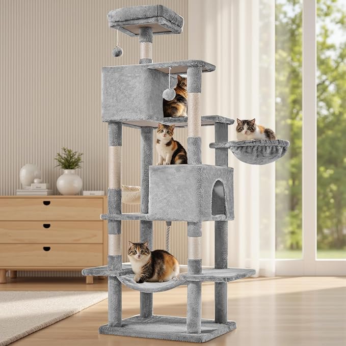 DUMOS Large 66 Inch Cat Tree Tower with Scratching Posts, Indoor Use | Tall Multi Level Cat Climbing Tower with Hammock, Pet Condo for Cats and Kittens Play, Light Gray - Image 7