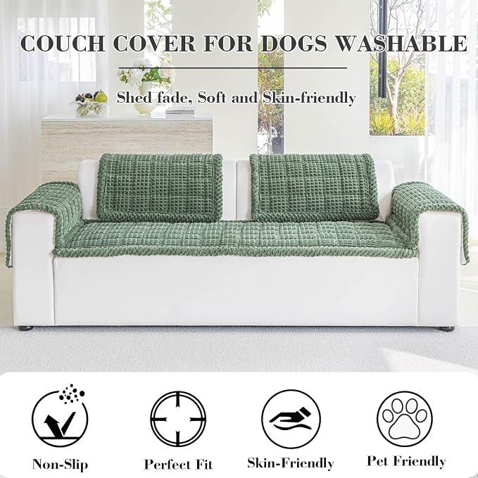 Couch Cover for Dogs Washable, Non-Slip Pet Couch Covers for Sofa, Fuzzy Dog Couch Cover Mat, Thick, Soft, Plush Couch Cushion Covers for Sofa Protector (Green, 27.6" x 59"/70 x 150cm) - Image 2