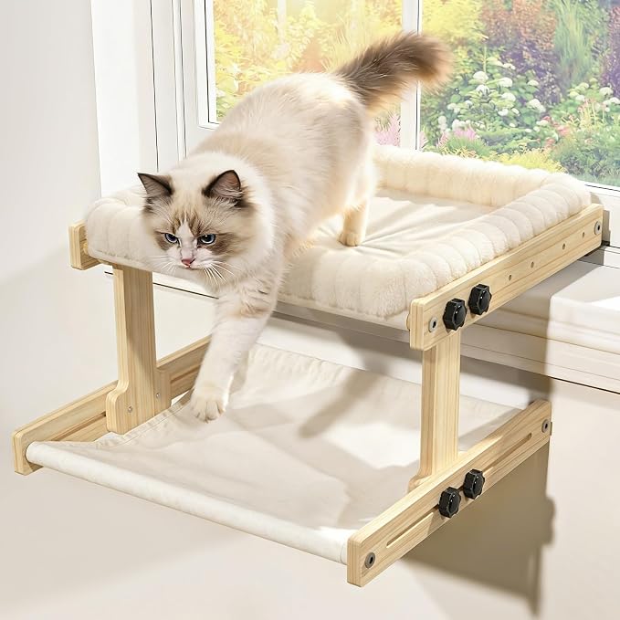 XiaZ Cat Perch for Window Cats Hammock Indoor Bed for Window Adjustable Wooden Frame Bird Watching Sunbathing Space-Saving Double Layer 18 * 16 * 10inch (Small Breeds Recommended) by XiaZPet
