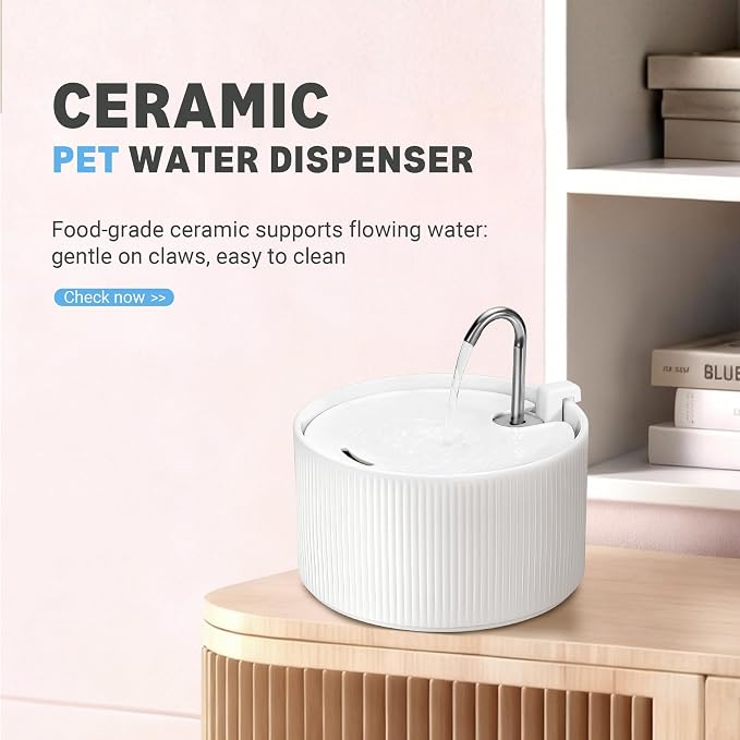 Upgrade 2.2L/78oz Ceramic Cat Fountain, Automatic Ceramic Water Fountain for Cats, Pet Water Fountain with Ultra-Quiet Pump (White) - Image 8