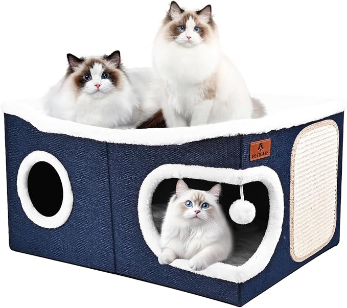 Extra Large Cat Beds for Indoor Cats, Covered Cat Cave Beds & Furniture with Scratch Pad and Fluffy Ball, Foldable Cat Condo Hideaway with Reversible Cushion for Multi Small Pet Large Kittens, Blue by Unknown