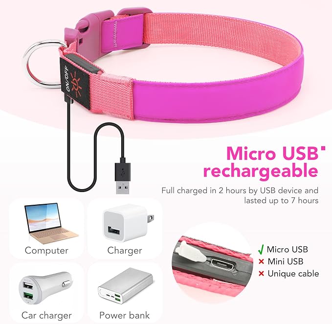 LED Dog Collar Light Up Dog Collars Red Light USB Rechargeable, Adjustable Size Heavy Duty TPU Nylon Webbing Glow Safety Basic Dog Collars for Large Medium Dogs (L, Candy Pink) - Image 4