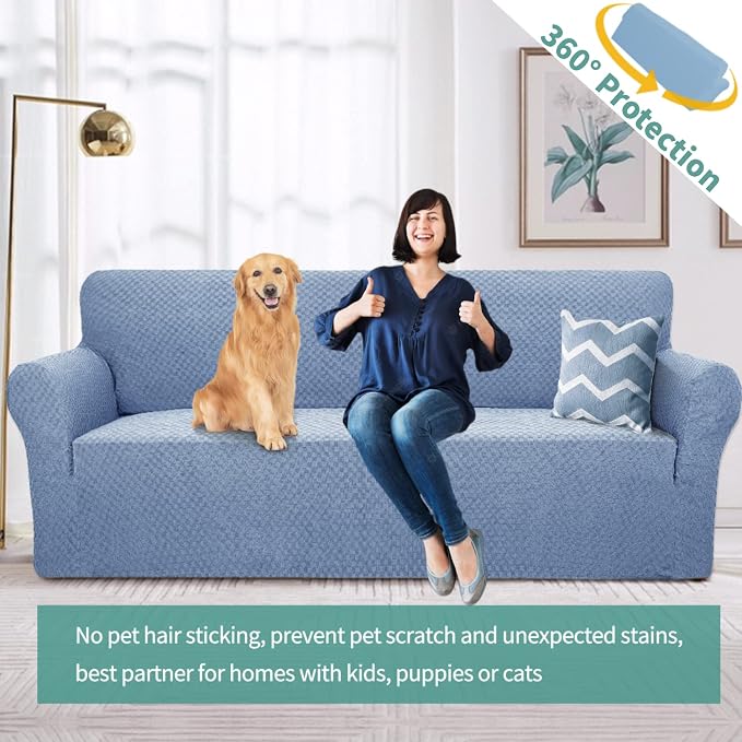 YEMYHOM Couch Cover Latest Jacquard Design High Stretch Sofa Covers for 3 Cushion Couch, Pet Dog Cat Proof Slipcover Non Slip Magic Elastic Furniture Protector (Large, Light Blue) - Image 2