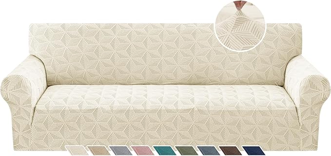 YEMYHOM 1 Piece Stretch Oversized Couch Covers for 4 Seat, Jacquard Extra Large Sofa Cover with Non-Slip Elastic Bottom, Thickened Slipcover Furniture Protector for Dogs Pets (X-Large, Beige） by YEMYHOM