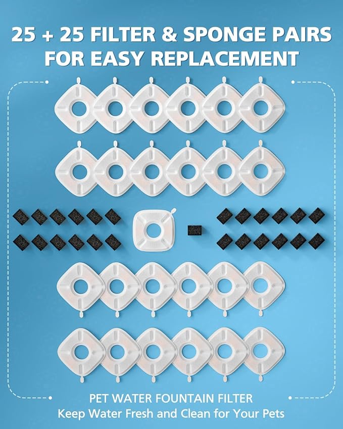 50 Pcs Cat Water Fountain Filters for Veken 95oz 67oz 135oz Pet Fountain | Dog Water Fountain Automatic Dog Water Dispenser 25 Pcs Pet Fountain Filter Replacement & 25 Pcs Pre-Filter Sponges - Image 9