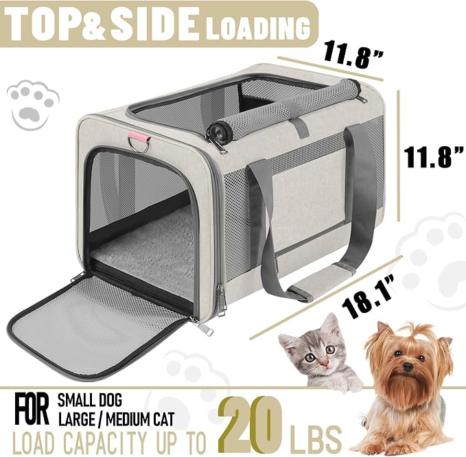 GAPZER Large Cat Carrier Soft, Collapsible Travel Pet Carry Bag, Small Dogs | Big Kitten Cat 20lbs Mainecoon, Top Open Travel Shih-Tzu Pet Kennel, Yorkie Small Dog 10 Pound, 18x12x12, Durable Cloth Beige - Image 2