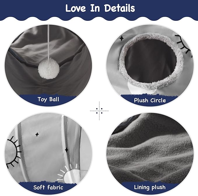 Tempcore Cat Tunnel for Indoor Cats, 3 Way Collapsible Pet Play Tunnel with Teaser Wand, Peek Holes & Hanging Ball, Interactive Tube for Kittens & Rabbits, Grey Sun - Image 5