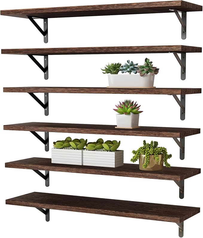 YGEOMER 23.6in Floating Shelves for Wall Home Decor, Wood, Brown, Set of 6 | Rustic wood shelves with metal brackets. Space-saving for books & decor. Works in bathroom, kitchen, living room & bedroom. by YGEOMER