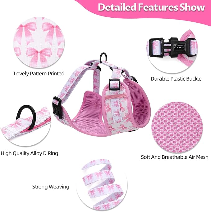 Small Dog Harness and Leash Set of 6, No Pull Soft Lightweight Mesh Puppy Harness, Adjustable Cute Floral Pattern Pet Harness for Small Medium Dogs (Pink Bow, L) - Image 3