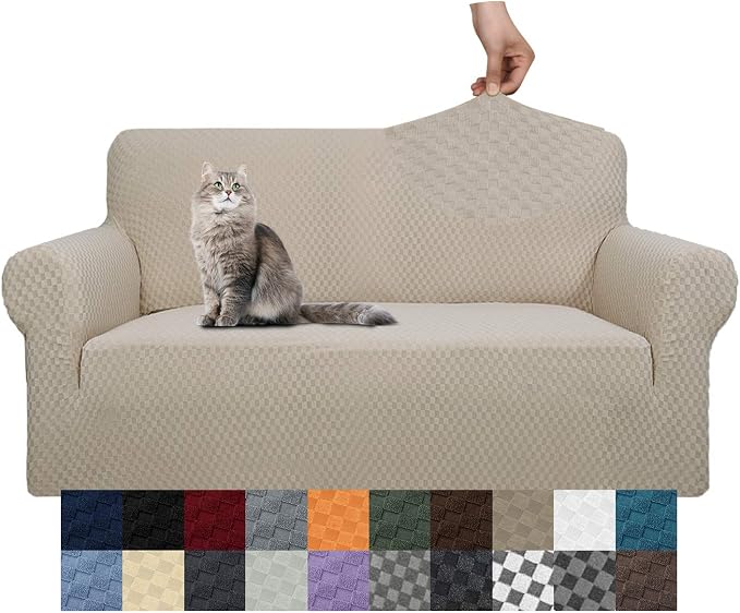 YEMYHOM Couch Cover Latest Jacquard Design High Stretch Sofa Covers for 2 Cushion Couch, Pet Dog Cat Proof Loveseat Slipcover Non Slip Magic Elastic Furniture Protector (Medium, Khaki) by YEMYHOM