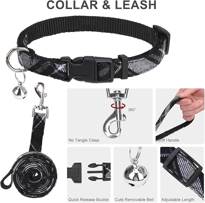 Classic Plaid Puppy Harness - Dog Collar and Leash - Soft Mesh Padded Adjustable Step in Small Dog Vest Harness No Pull, Reflective Escape Proof for Outdoor Walking, Black XS - Image 3