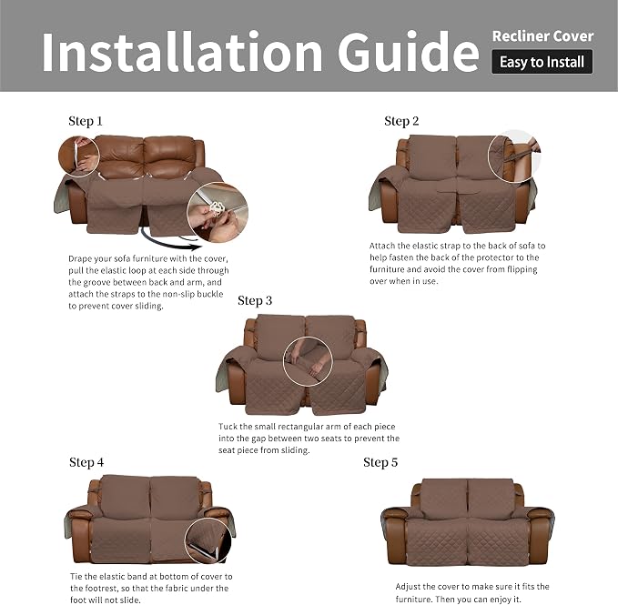 Easy-Going Loveseat Recliner Cover, Reversible Couch Cover for Double Recliner, Split Sofa Cover for Each Seat, Furniture Protector with Elastic Straps for Kids, Dogs, Pets(2 Seater, Brown/Beige) | Sofa Slipcover For Dogs, Sofa Cover For Loveseat Recli... - Image 7