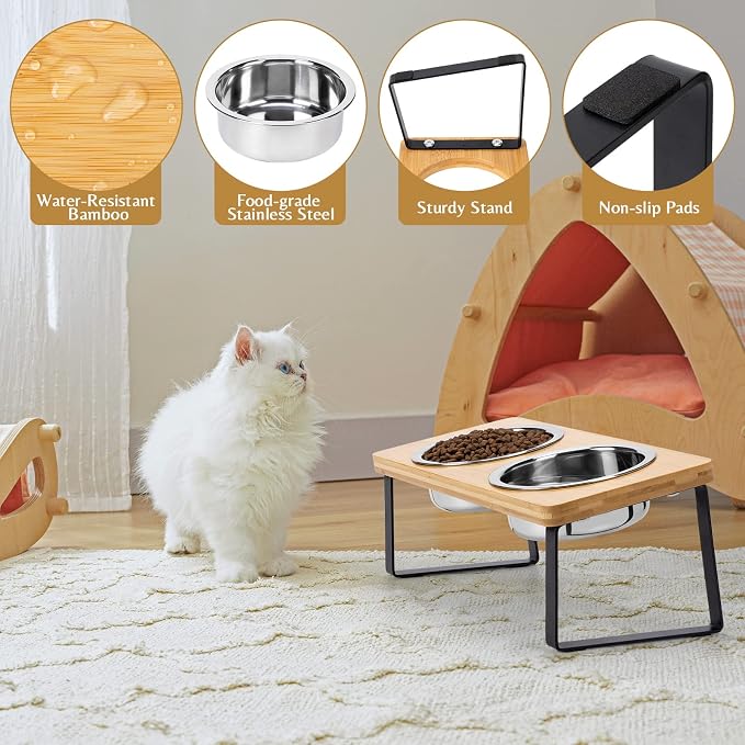 Elevated Cat Food Bowl for Indoor Cats, Raised Water Bowl Set for Kitten | Whisker Friendly, Anti Vomit, Easy Assembly, Bamboo, Dishwasher Safe, Stainless Steel, Pet Dish, Feeding Station for Puppy - Image 4