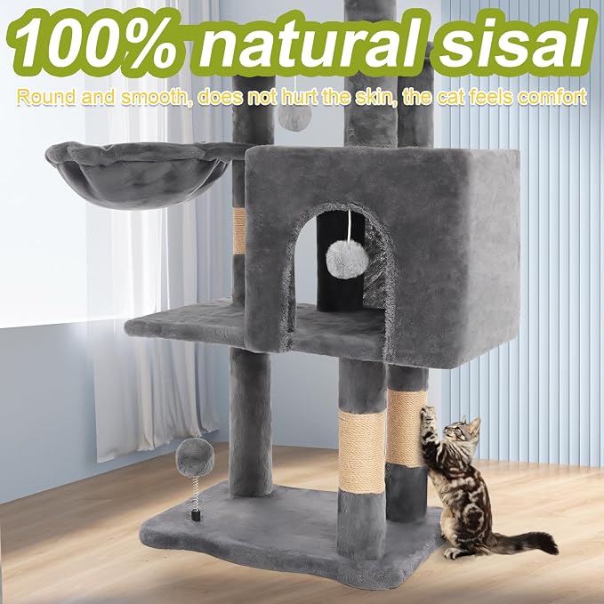 Cat Tree Tower with Hammock,40" Cat Trees for Indoor Cats Large Adult(Grey) | Modern Cat Tree Tower with Scratching Post, Cats Condo Furniture with Cloud Top Perch, Cats Climbing Tower for Kittens - Image 5