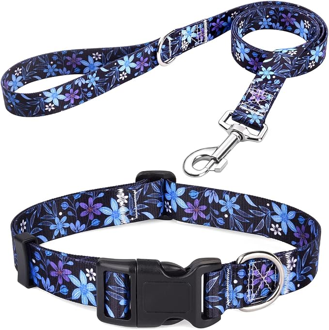 Mihqy Dog Collar and Leash Set, for Large Dogs, Floral Blue Set,L | with Floral Patterns, Adjustable for Small Medium Large Dogs, Comfortable for Walks and Outdoor Hikes by Mihqy