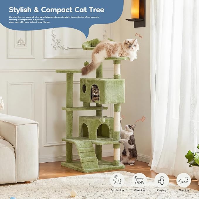 DUMOS 54-inch Cat Tree Tower with Scratching Posts, Indoor Use | Multi-Level Pet House for Large Cats with 2 Condos, Round Platform, Small Ladder and Toys, Green - Image 2