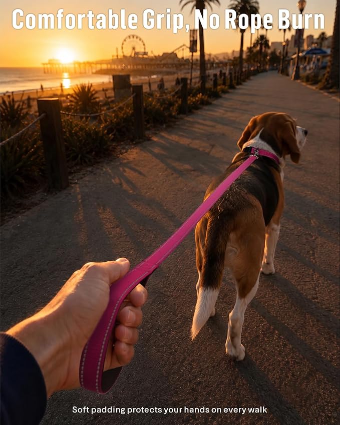 FunTags Reflective Nylon Dog Leash for Small & Medium Dogs, 4FT Training | Comfortable Padded Grip, Stay Safe at Night, 360° Anti-Tangle Swivel, for Dog Parks & Trails, Hot Pink - Image 2