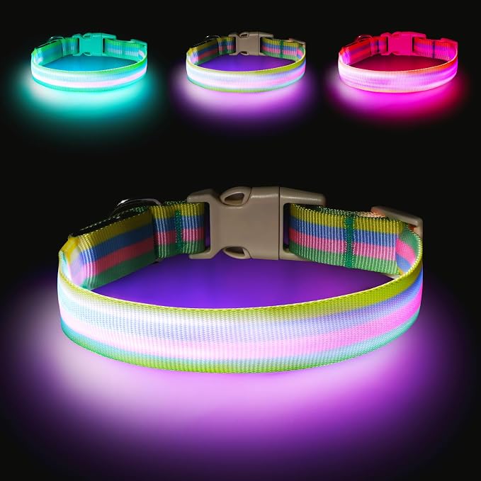 Light Up Dog Collar, Rechargeable LED Dog Collar, Color Changing Dog Collar for Night Walking, Adjustable Lighted Dog Collar for Small Medium Large Dogs, Multicolor Stripe, USB Rechargeable (M) by PZRLit