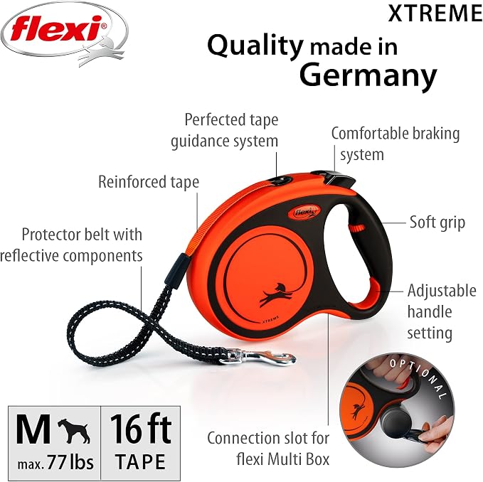 FLEXI® Xtreme Tape Retractable Dog Leash, Medium, 16 ft - Orange/Black | German engineered, original flexi leash, durable quality for dogs up to 77 lbs, tangle-free, walking, reliable brake system - Image 2