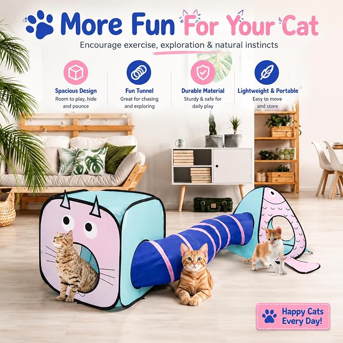 Rypet Cat Toy Tunnel and Cubes Bundle, Play Tubes for Indoor Cats, Blue | 3-in-1 Tunnel Cubes Tent, Crinkle Tube for Play, DIY Shapes, Ball and Bell for Play, Tear-Resistant Polyester, Folds Flat - Image 4