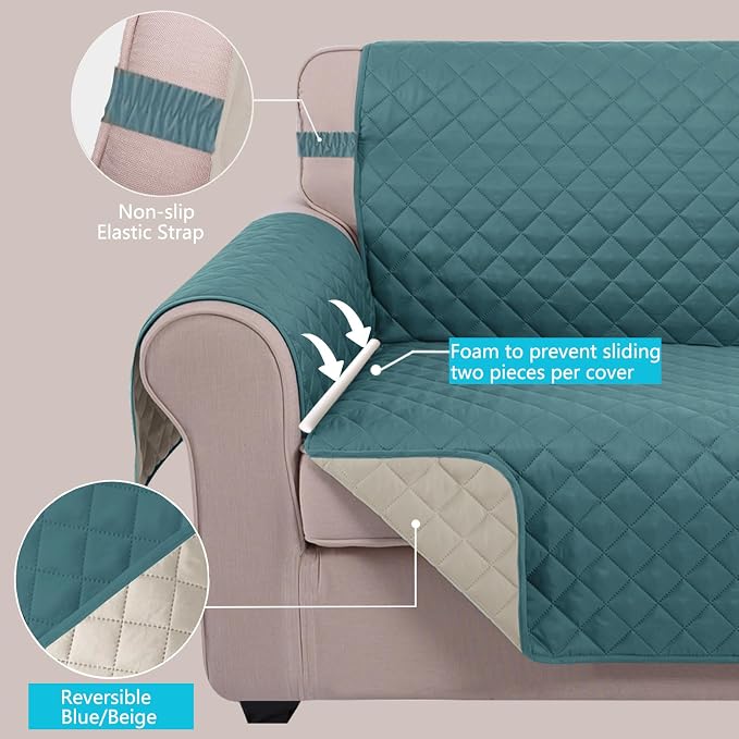U-NICE HOME Reversible Recliner Chair Covers, Blue/Beige | 23''Armchair Cover for dogs Washable, Pet Friendly, Elastic Straps, Water Repellent, Diamond Quilted - Image 3
