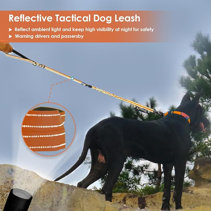 AUBELL Tactical Dog Leash Heavy Duty,4-6ft No Pull Bungee Leash,Orange | Reflective Dog Leash for Medium Large Dogs with Comfortable Padded Double Handle,Car Seat Belt,360 Degree Rotating Carabiner - Image 2