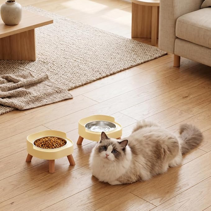 Elevated Cat Bowls, 2P Raised Cat Food and Water Bowl Set for Indoor Cats, Splash Proof with 2 Stainless Steel Pet Food Bowls for Cats ＆ Puppies, Whisker Friendly and Dishwasher Safe - Yellow - Image 8