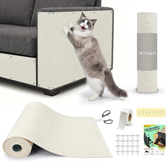 Cat Scratch Furniture Protector: 78.7"x15.8" High Self-Adhesive | Cat Scratch Carpet Trimmable for Couch Scratcher Protector from Claws Scratching Mat Lasts 3-6M 3min Install, Beige by Finvizo