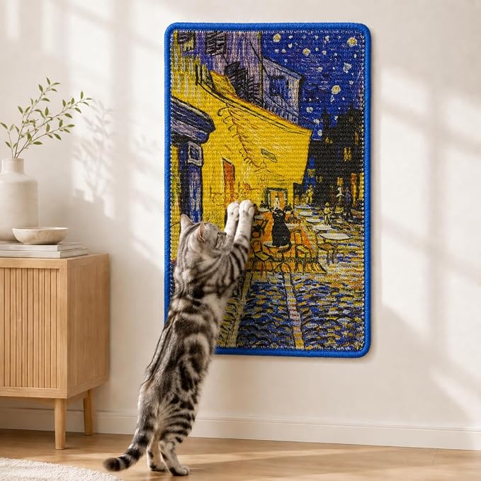 Art Sisal Cat Scratcher Mat, Cat Wall Scratchers for Indoor Cats | Wall Mounted Cat Scratcher, Natural Sisal, No-Drill Hook & Loop Setup, Floor or Wall Use, 23.6 x 15.7 Inch, Café Terrace by LESISSMER