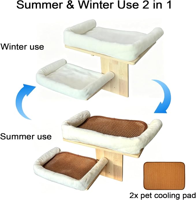 Cat Wall Shelves with Cat Bed 2 in 1 Furniture with Soft Cushion Perch & Pet Cooling Mat 2 Platform Climbing Wall Systems Tree Tower for Indoor Cats Rubber Wood Corner Floating Shelf - Image 4