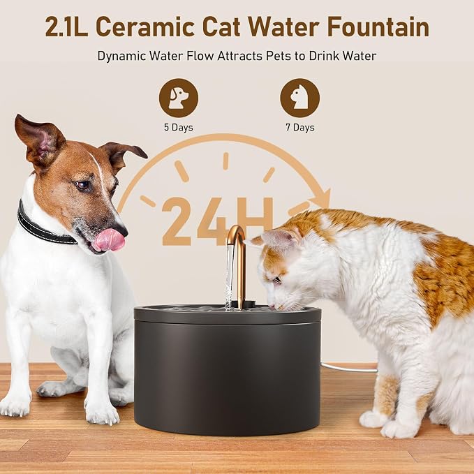 DOOOB Ceramic Cat Water Fountain 2.1L/71oz Ceramic Cat Fountain | Automatic Ceramic Water Fountain for Cats Pet Water Fountain with Ultra-Quiet Pump and 3 Filters & 3 Sponges (Black) - Image 5