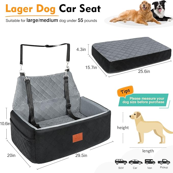 NEEZUKAR Dog Car Seat for Large Medium Size Dogs, Pet Car Seat Under 55 lbs | Thick Cushion, Detachable Washable Dog Booster Seat for 2 Small Dogs, Travel Dog Car Bed with Storage Pockets, 2 Safety Belts - Image 2