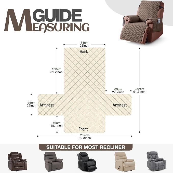 KinCam 100% Waterproof Recliner Chair Covers Washable, 28", Brown | Anti Slip Reclining Couch Covers for Pets Dog, Recliner Sofa Slipcover Storage Pocket, Furniture Protector with Elastic Strap - Image 4