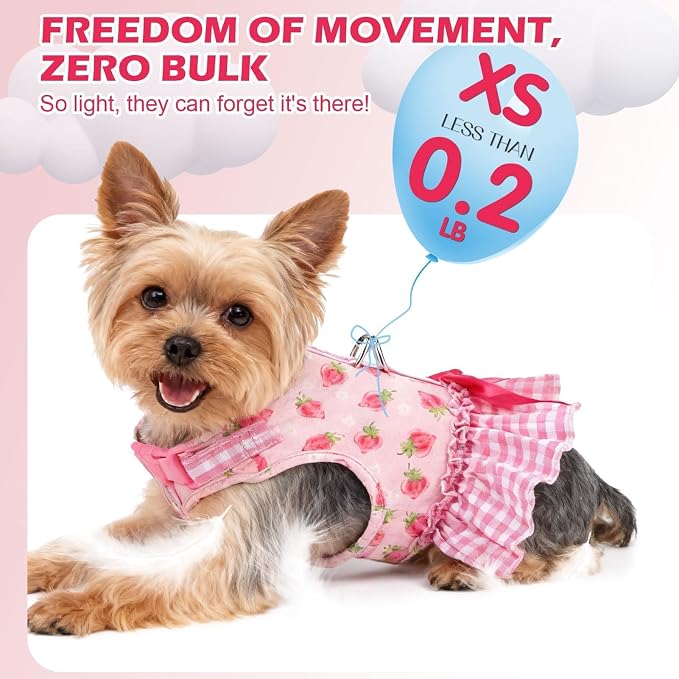 EXPAWLORER Dog Harness Small Medium Sized Dogs, No Choke No Pull Mesh Vest | Strawberry Dog Dress Bowknot Harness and Leash Set Soft Cute Princess Puppy Outfits Clothes Costume for Girl Party Cat Pink M - Image 5