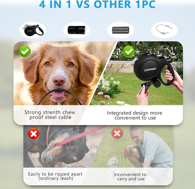 26Ft Retractable Dog Leash for Medium/Large Dogs up to 110lbs, Strong Heavy Duty Retractable Leash with Chew-Proof Cable, 360 Tangle Free, One Hand Brake Lock & Poo Bag Holder (Black) - Image 7