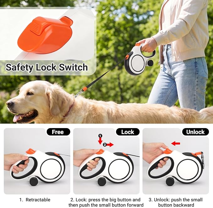 Segarty 26 Ft Walking Lead for Dogs 66 lbs - 110 lbs, 360°Tangle-Free 8m Retractable Long Leash with Detachable Poop Bag Holder for Pets Walk Outside, Anti-Slip Handle and One-Handed Brake Pause Lock - Image 4