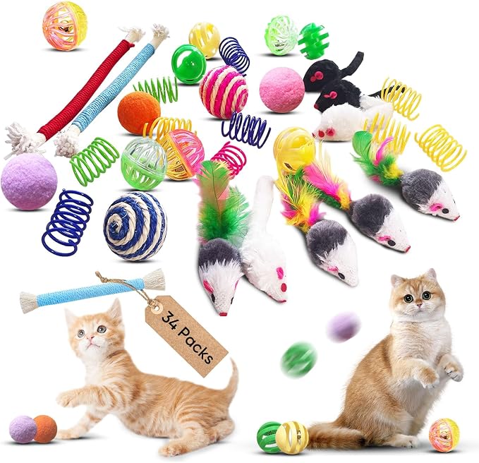 Cat Toys for Indoor Cats, 34 Pack Interactive Cat Toy Set for Kitten | Kitten Toys Variety Pack with Chew Toy, Spring, Mouse & Ball, Ideal for Enrichment, Boredom Relief and Self Play, Toy Bulk by YULOYI