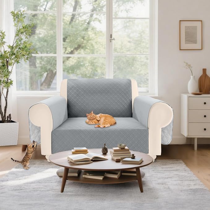 Velvet 100% Waterproof Chair Covers for Living Room Sofa Armchair Cover Washable Couch Arm Chair Slipcovers for Dogs Non Slip Quilted Furniture Protector with Pockets (Small, Silvery Grey) - Image 7